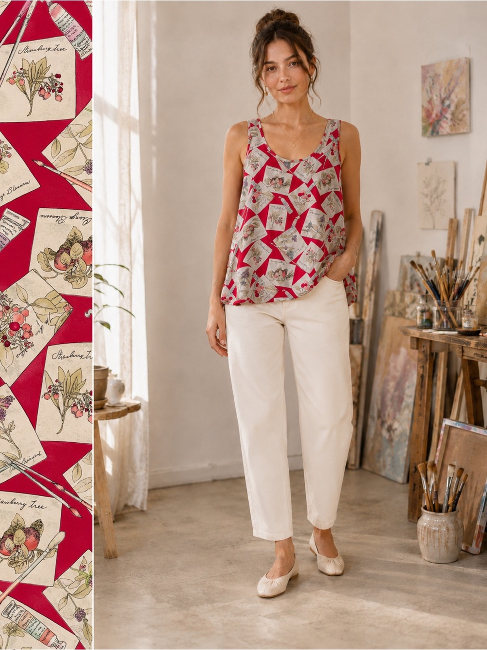 Reversible Silk Art Print Top Pink Botanical Painterly Art Teacher Whimsical S4